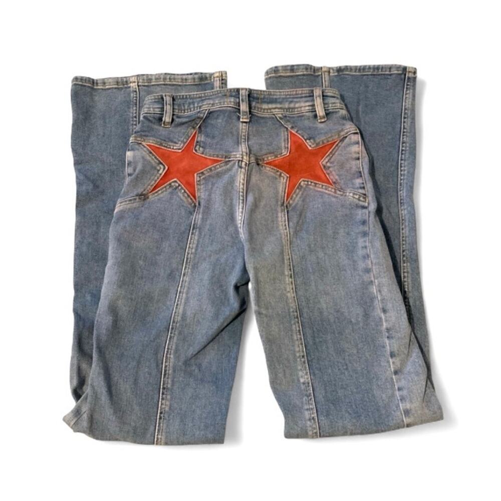 Free People Firecracker Flare Jeans Red Star Patches Size 27 Fits 25